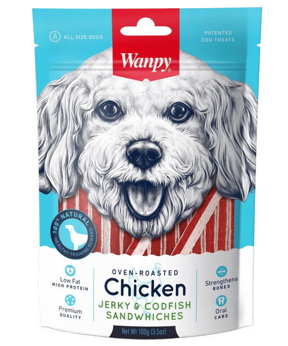 Wanpy Oven Roasted Chicken Jerky & Codfish Sandwiches Dog Treats - 500g (5 X 100g Bags)