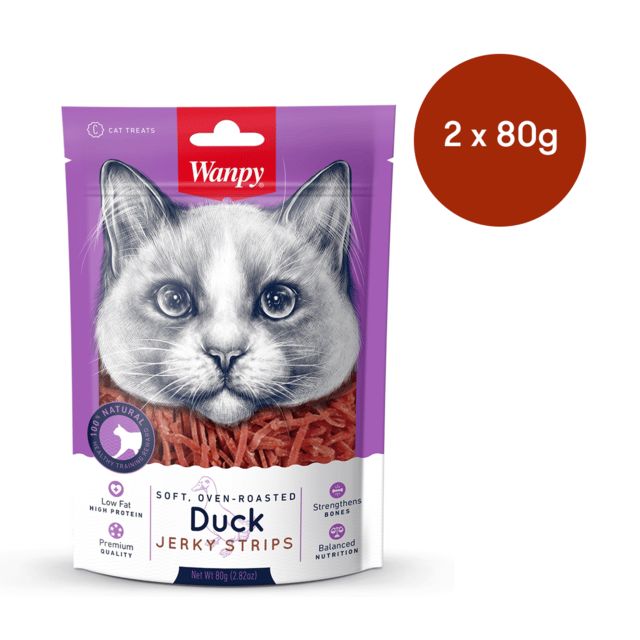 Wanpy Soft Oven Roasted Duck Jerky Strips Cat Treats - 160g (2 X 80g Bags)