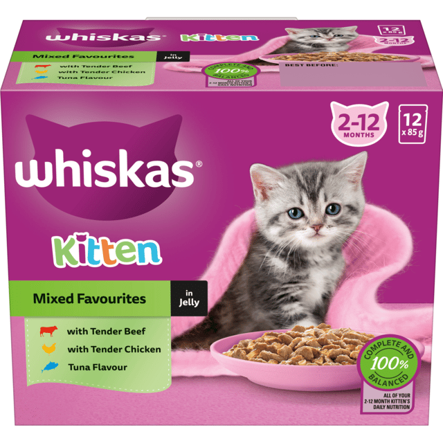 Whiskas Mixed Favourites In Jelly Kitten Wet Cat Food Variety Pack - 85g X 12