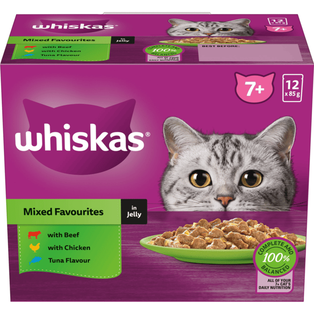 Whiskas Mixed Favourites In Jelly Senior Wet Cat Food Variety Pack - 85g X 12