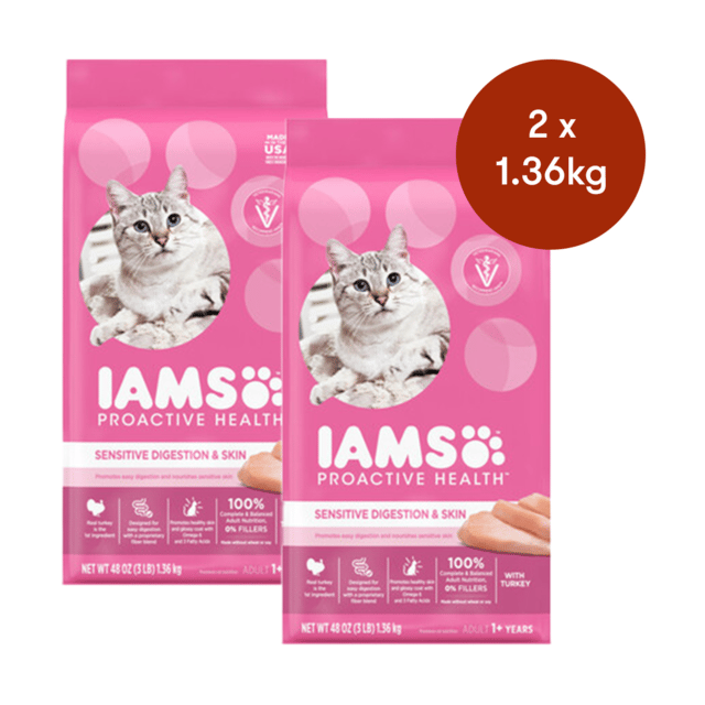Iams Proactive Health Healthy Digestion Adult Chicken & Turkey Dry Cat Food - 2.72kg (2 X 1.36kg Bags)