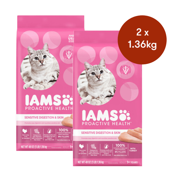 Iams Proactive Health Healthy Digestion Adult Chicken & Turkey Dry Cat Food - 2.72kg (2 X 1.36kg Bags)