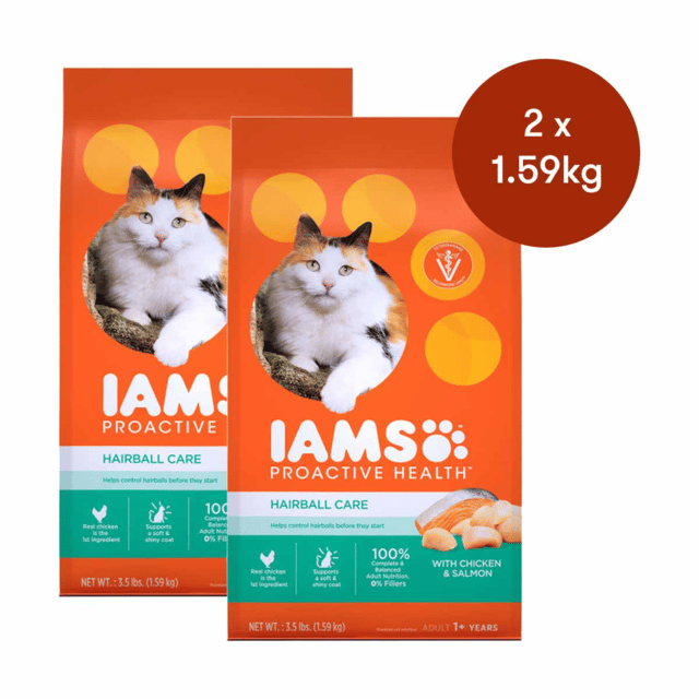 Iams Proactive Health Hairball Care Adult Chicken & Salmon Dry Cat Food - 3.18kg (2 X 1.59kg Bags)