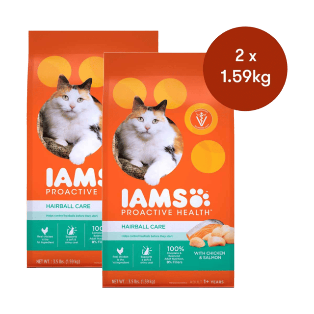 Iams Proactive Health Hairball Care Adult Chicken & Salmon Dry Cat Food - 3.18kg (2 X 1.59kg Bags)