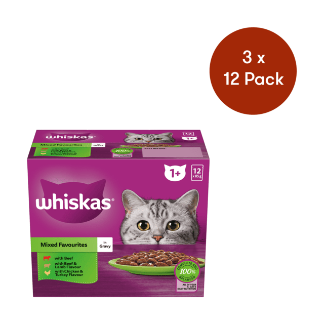 Whiskas Mixed Favourites In Gravy Adult Wet Cat Food Variety Pack - 85g X 36 (3 X 12 Pack)