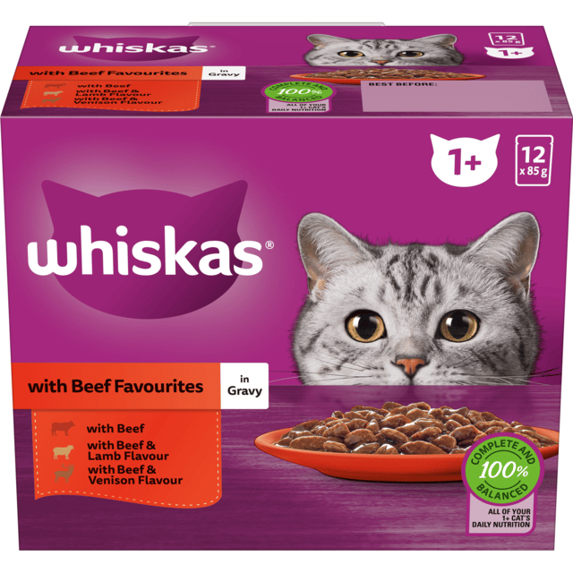 Whiskas Beef Favourites In Gravy Adult Wet Cat Food Variety Pack - 85g X 12