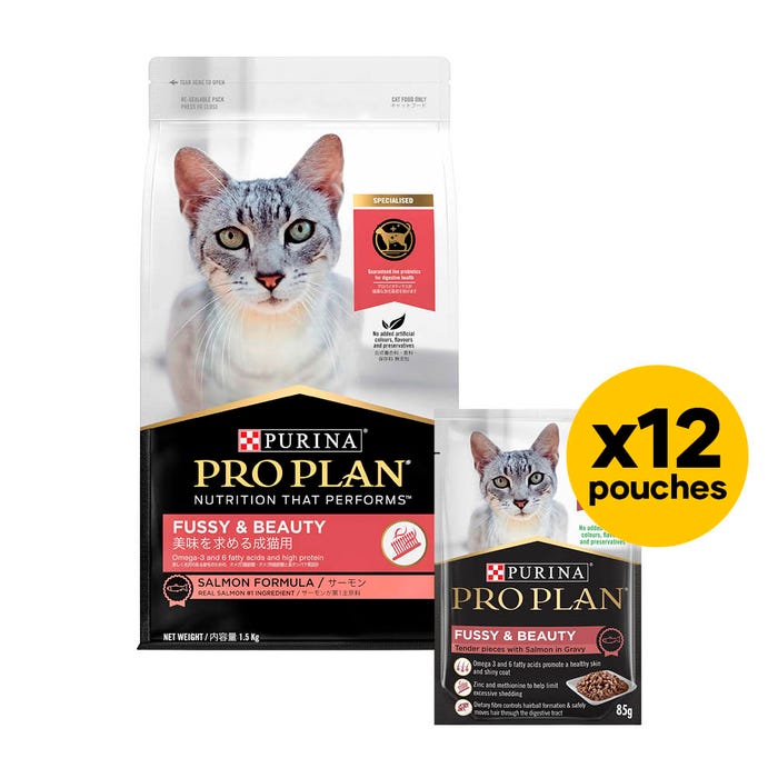 Proplan Cat Adult Fussy Salmon 1.5kg Wet & Dry Bundle