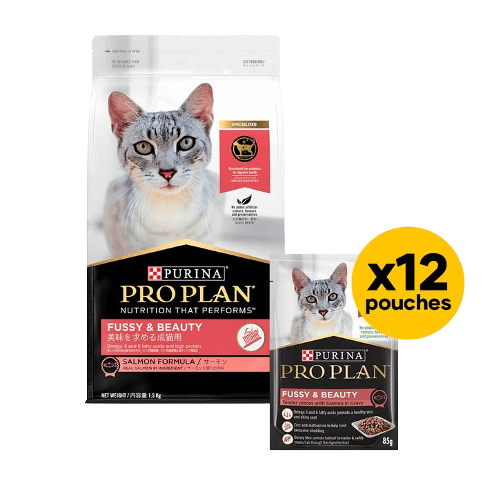 Proplan Cat Adult Fussy Salmon 1.5kg Wet & Dry Bundle