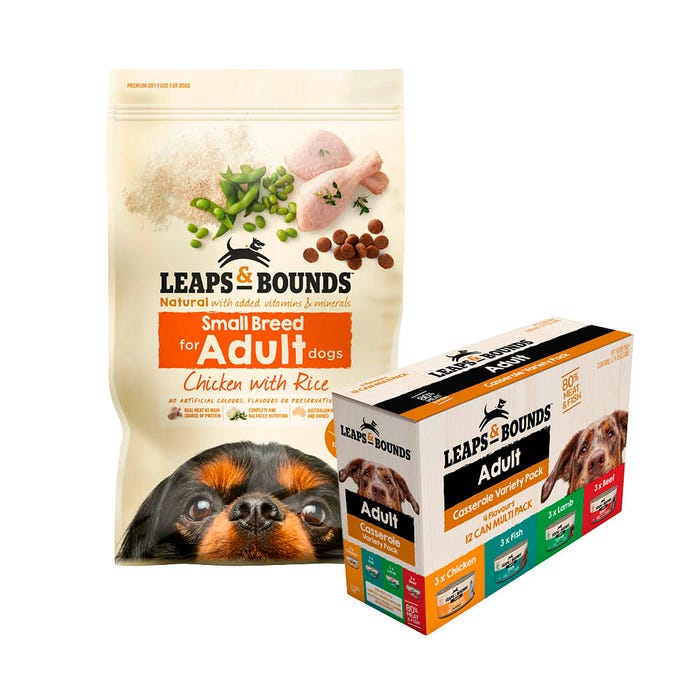 Leaps & Bounds Dog Small Breed Chk And Rice 3.2kg Dry & Wet Casserole Bundle