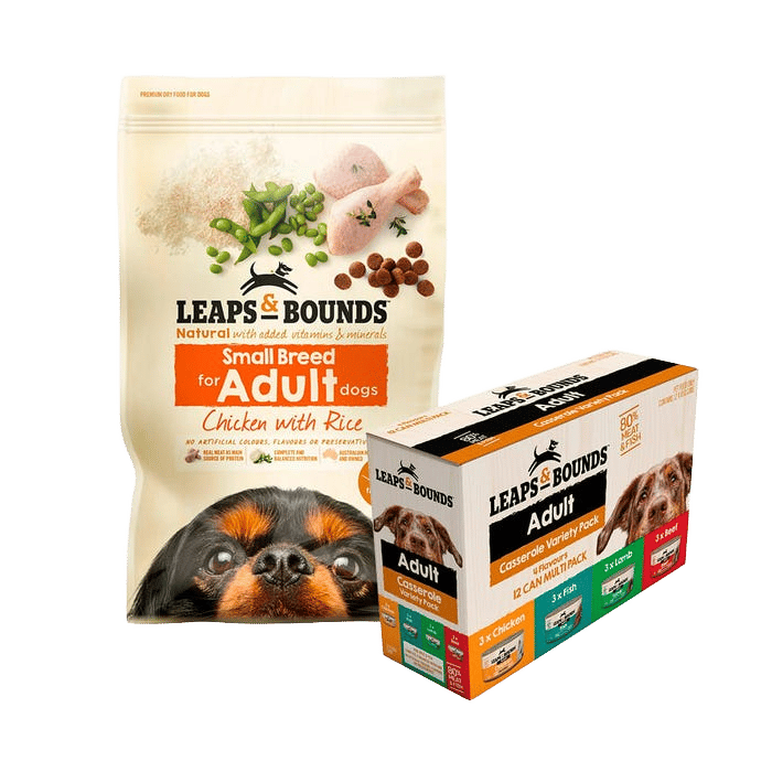Leaps & Bounds Dog Small Breed Chk And Rice 3.2kg Dry & Wet Casserole Bundle