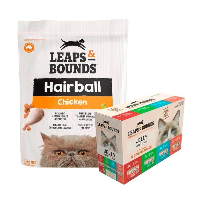 Leaps & Bounds Cat Hairball Chicken Wet & Dry 2.5kg Jelly Bundle