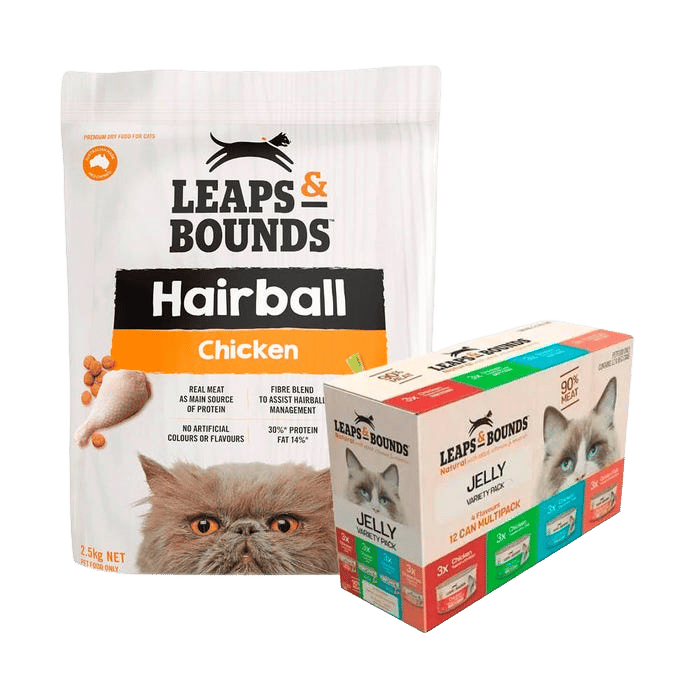 Leaps & Bounds Cat Hairball Chicken Wet & Dry 2.5kg Jelly Bundle