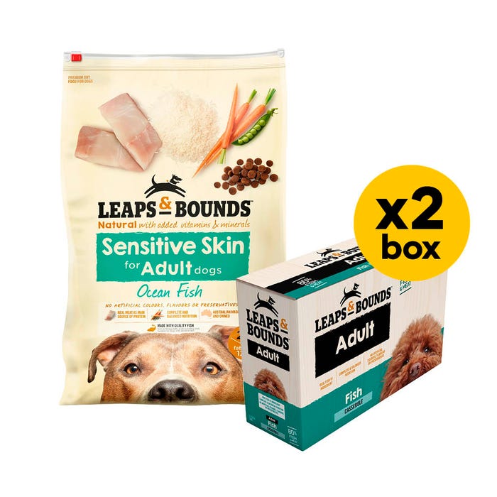 Leaps & Bounds Dog Adult Sensitive Skin Ocean Fish 12kg Wet And Dry Fish Bundle
