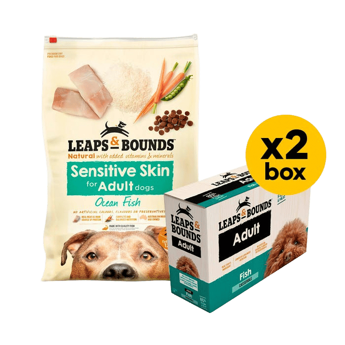 Leaps & Bounds Dog Adult Sensitive Skin Ocean Fish 12kg Wet And Dry Fish Bundle