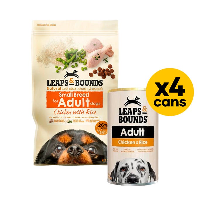 Leaps & Bounds Dog Adult Small Breed Chicken & Rice 3.2kg Wet & Dry Bundle