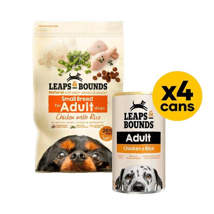 Leaps & Bounds Dog Adult Small Breed Chicken & Rice 3.2kg Wet & Dry Bundle