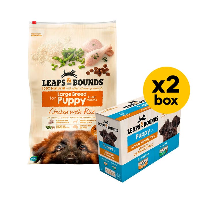 Leaps & Bounds Puppy Large Breed Chicken & Rice 15kg Wet & Dry Mousse Box Bundle