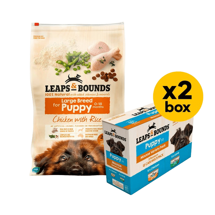 Leaps & Bounds Puppy Large Breed Chicken & Rice 15kg Wet & Dry Mousse Box Bundle