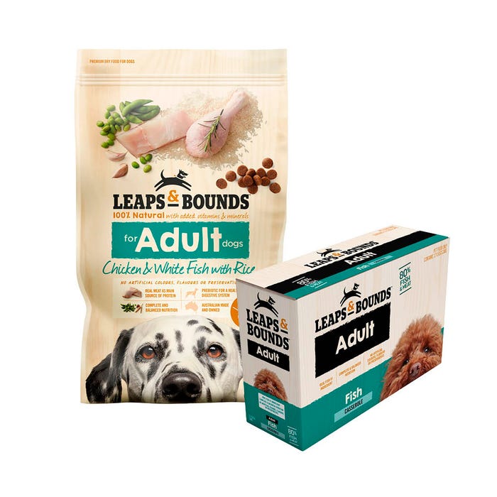 Leaps & Bound Dog Adult Chicken & Fish 3.2kg Wet & Dry Fish Box Bundle