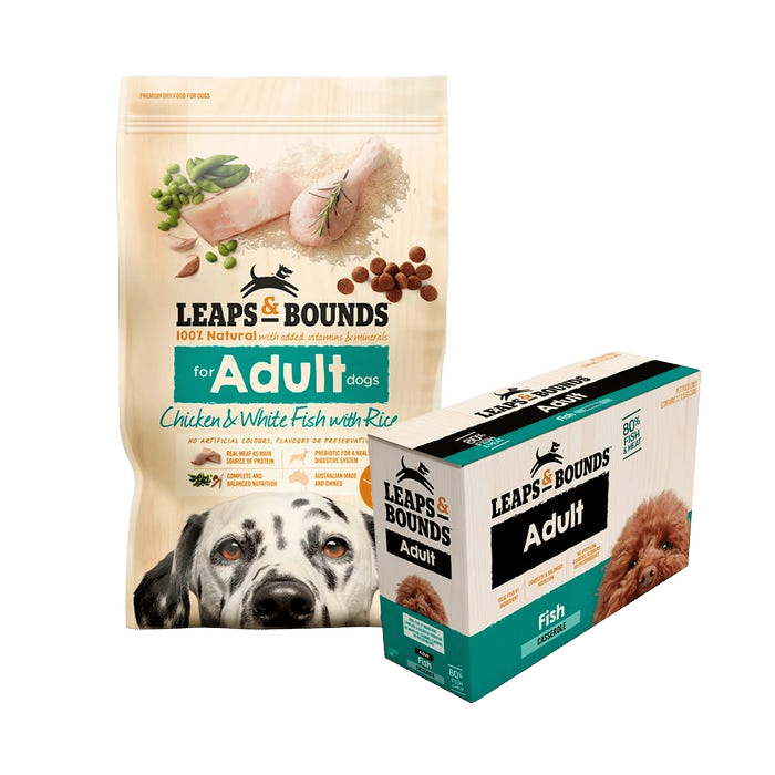 Leaps & Bound Dog Adult Chicken & Fish 3.2kg Wet & Dry Fish Box Bundle