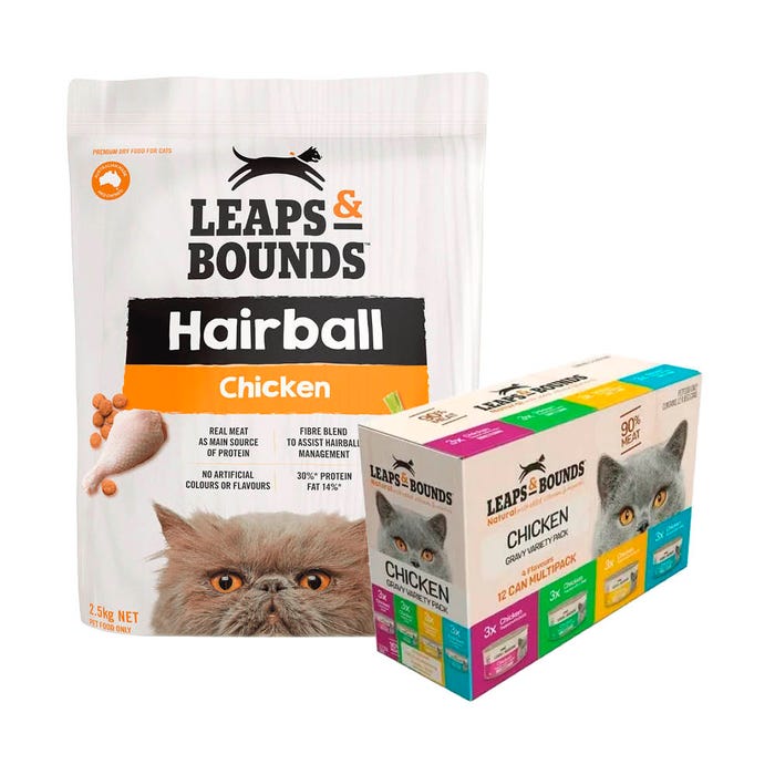 Leaps & Bounds Cat Hairball Chicken 2.5kg Dry & Wet Gravy Variety Bundle