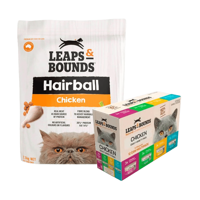 Leaps & Bounds Cat Hairball Chicken 2.5kg Dry & Wet Gravy Variety Bundle