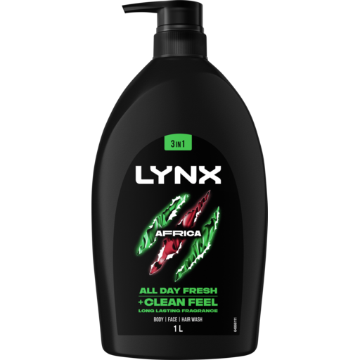 Lynx 3In1 Body Wash All Day Fresh + Clean Feel Africa XL Long Lasting Fragrance 1l