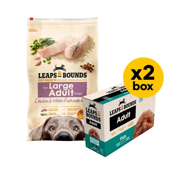 Leaps & Bounds Large Breed Chicken And Fish 15kg Dry & Wet Fish Bundle