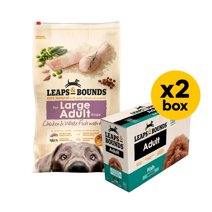 Leaps & Bounds Large Breed Chicken And Fish 15kg Dry & Wet Fish Bundle