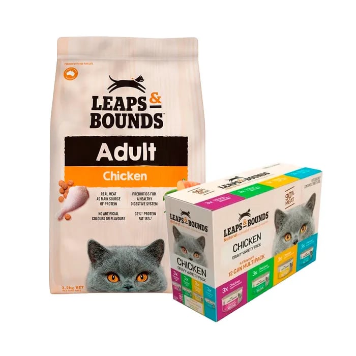 Leaps & Bounds Cat Chicken 3.2kg Dry & Wet Gravy Variety Bundle