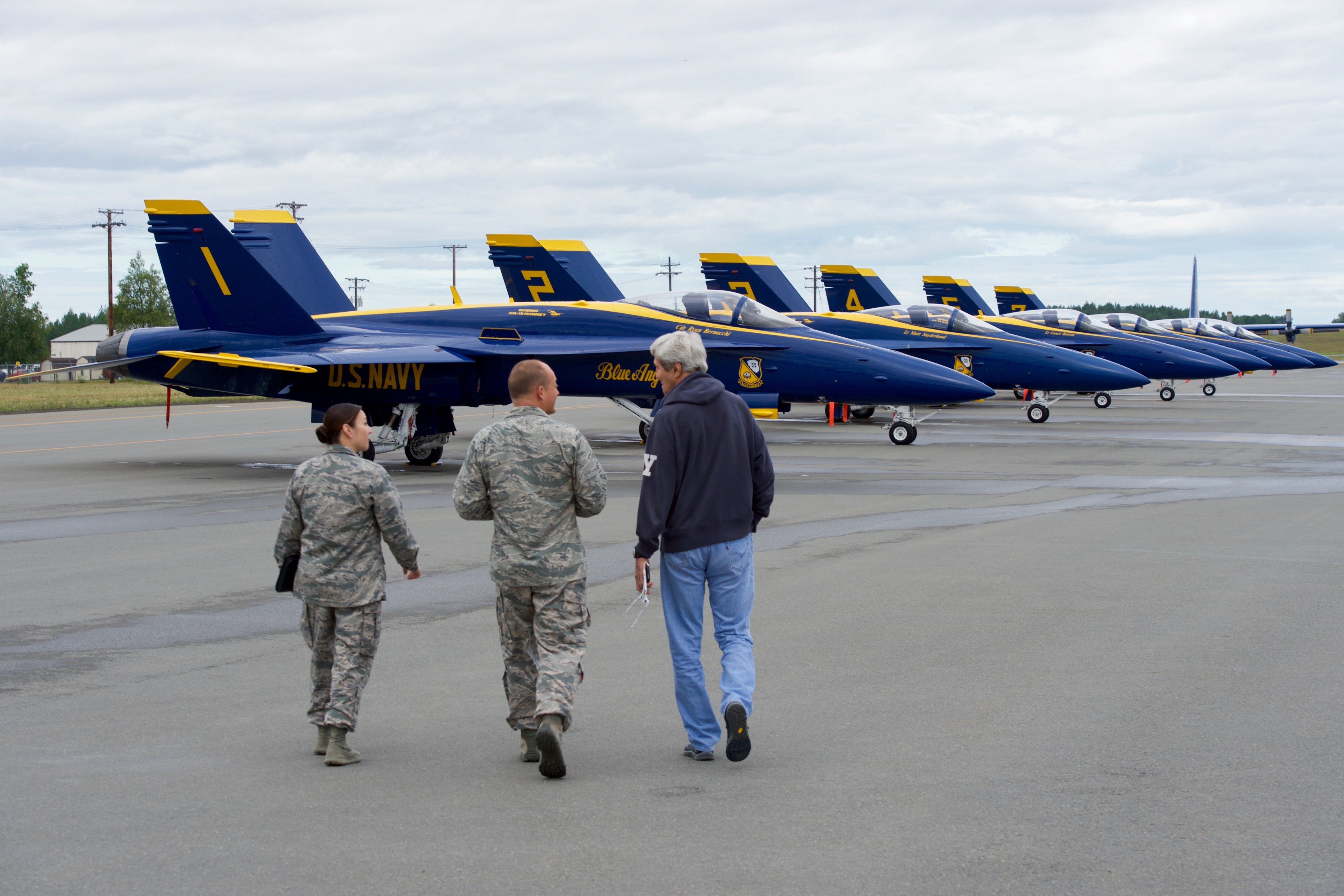 Secretary Kerry Walks Toward F/A-18 Fighter Jets Used by the Blue Angels, the U.S. Navy's Flight Demonstration Team