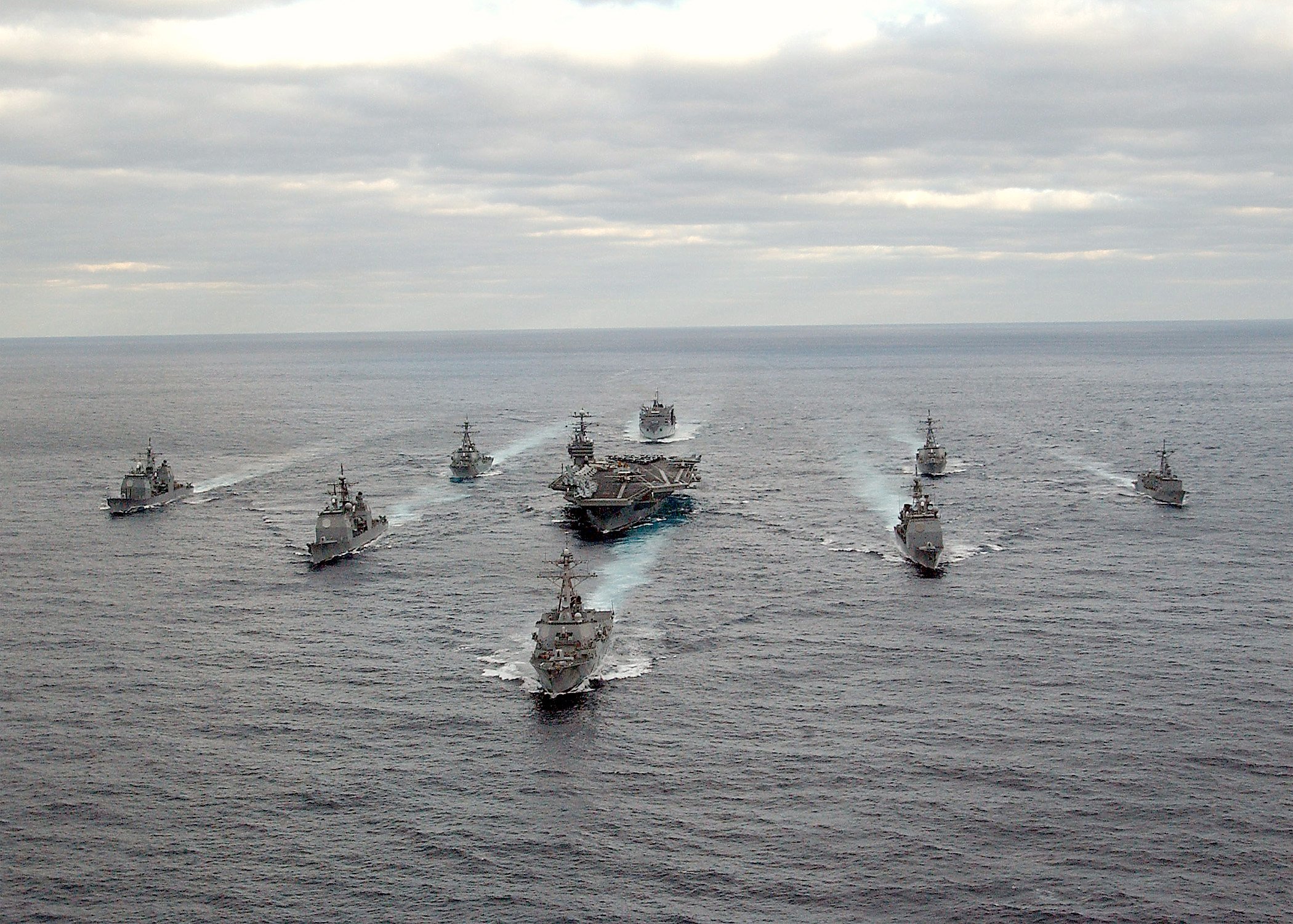 US Navy 031130-N-3653A-002 USS George Washington (CVN 73) Carrier Strike Group formation sails in the Atlantic Ocean