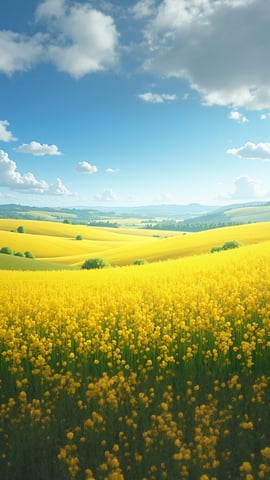 Bright Yellow Canola Field Under Blue Sky Mobile Preview