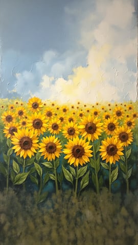 A Field of Sunflowers Facing a Bright Morning Sun Mobile Preview