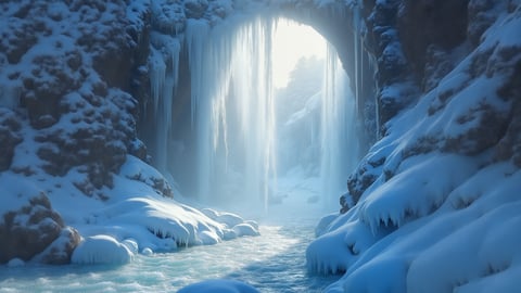 Frozen Waterfall Glistening Under Winter Sun Desktop Preview