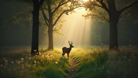 A Graceful Deer in a Sun-Dappled Forest Clearing Desktop Preview
