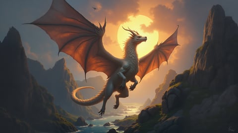Majestic Griffin Soaring Over a Sun-Drenched Mountain Range Desktop Preview