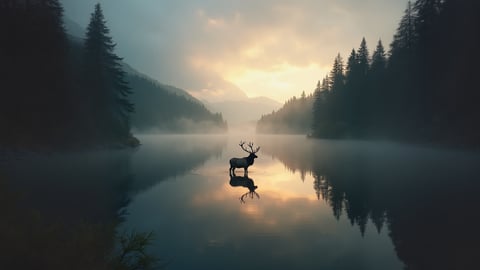Majestic Moose in Misty Lake at Sunrise Desktop Preview