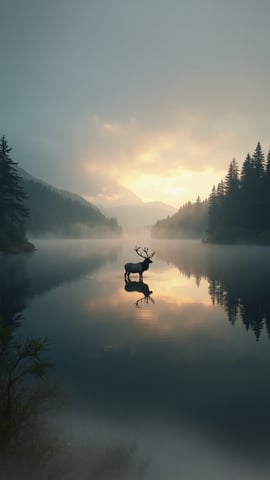Majestic Moose in Misty Lake at Sunrise Mobile Preview