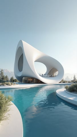 Modern Skyscraper with Flowing Organic White Curves Mobile Preview