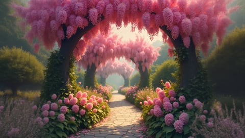 Pathway Under a Purple Wisteria Canopy Desktop Preview