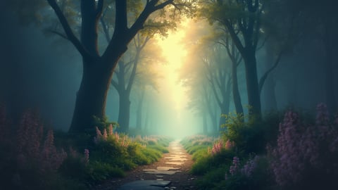 Sunlit Pathway Through Emerald Forest Desktop Preview