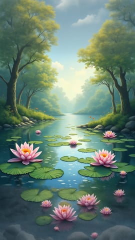 A Peaceful Pond with Lily Pads and Blooming Water Lilies Mobile Preview