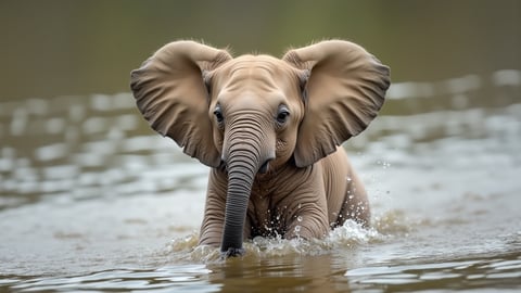 A Playful Baby Elephant Splashing in the Water Desktop Preview