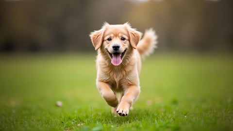 Playful Golden Retriever Puppy Chasing a Ball Desktop Preview