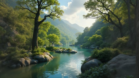 Serene Japanese Garden with Red Bridge Desktop Preview