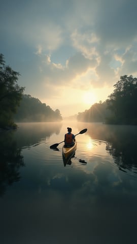 Serene Canoe Fishing on a Misty Lake Mobile Preview