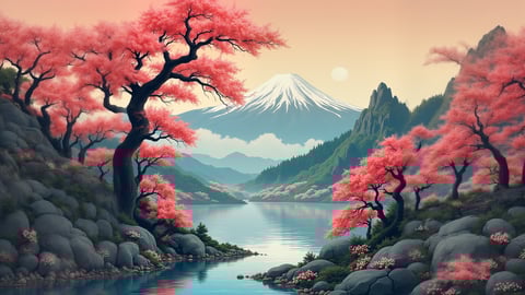Serene View of Mount Fuji with Pink Cherry Blossoms Desktop Preview