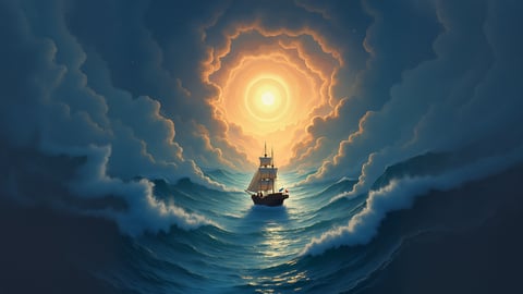 A Ship Sailing on a Sea of Clouds Towards a Sunrise Desktop Preview