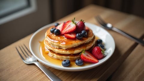 Stack of Fluffy Pancakes with Berries and Maple Syrup Desktop Preview